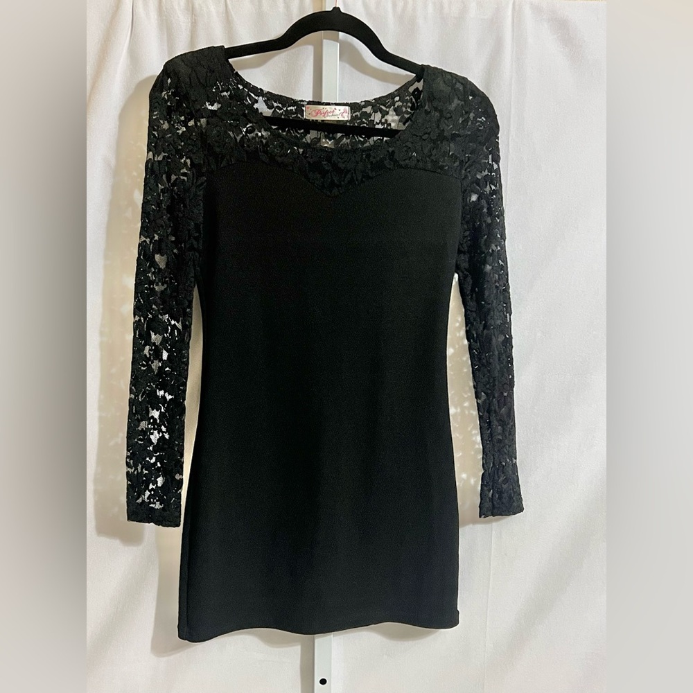 Elegant Little Black Lace Long Sleeve Mini Dress Size XS